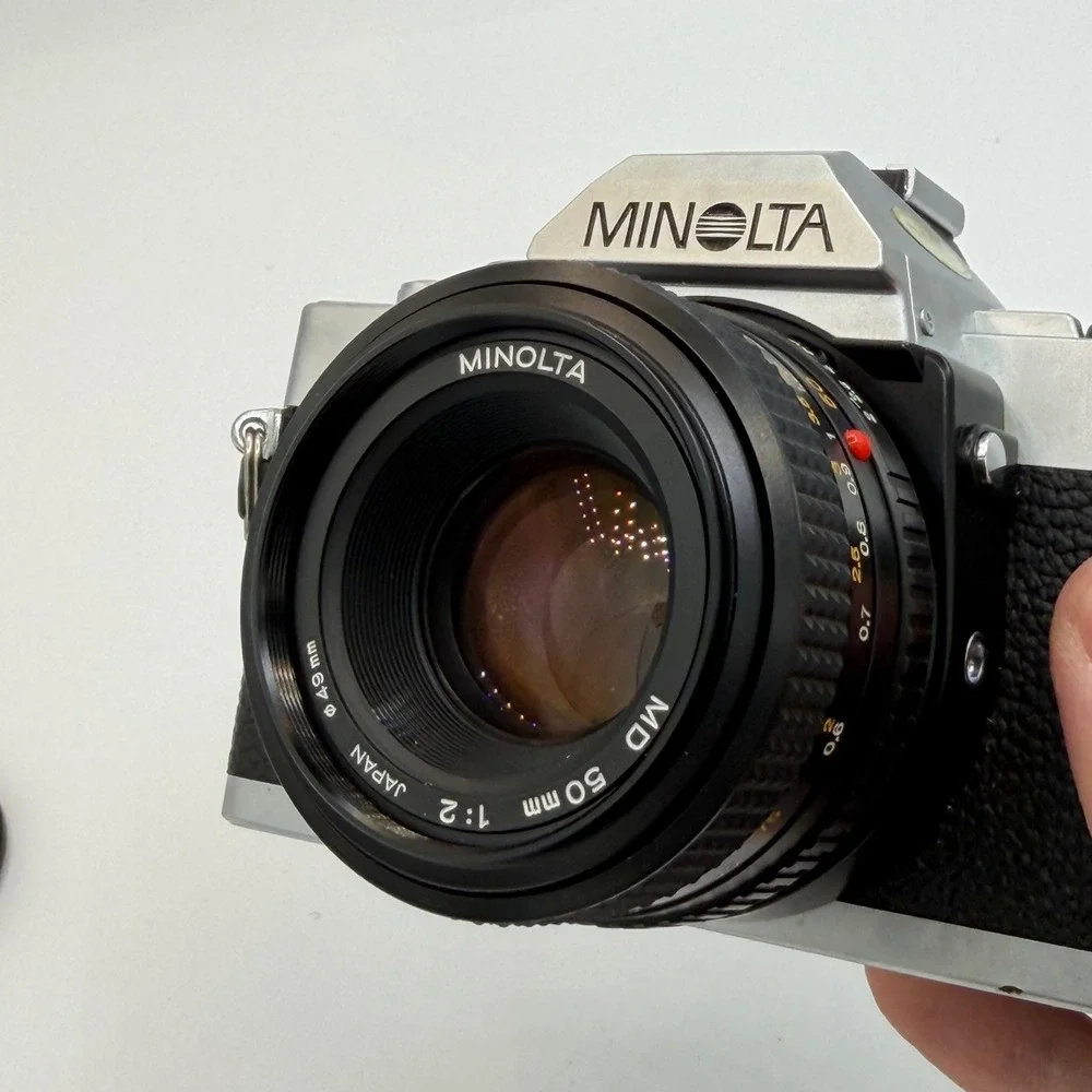 Minolta XG-A 35mm SLR Film Camera with MD 50mm 1:2 Lens Case and Manuals Parts